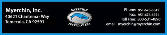 A blue and white logo for myerchin tested at sea.