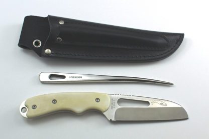 A knife and fork set with leather sheath.