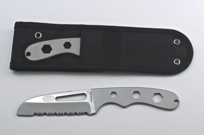 A knife with a black handle and a black sheath.