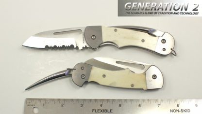 A pair of folding knives with the handle bent to fit in a pocket.