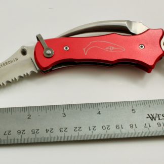 red pocketknife with whale emblem