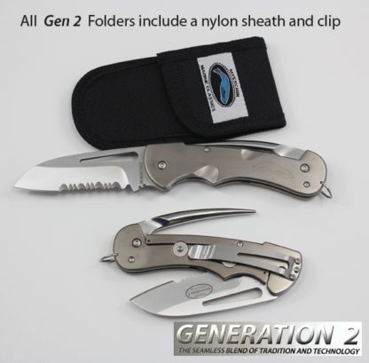 A pair of folding knives with a clip attached.