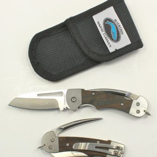 silver and wood pocketknife set with black leather