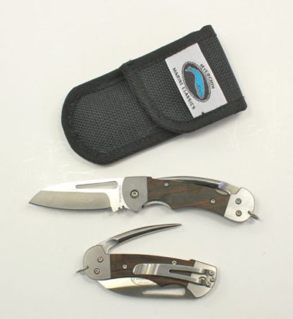 A pair of pocket knives and a sheath.