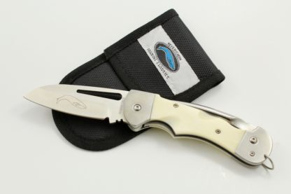 cropped knife with bone handle and black leather holster