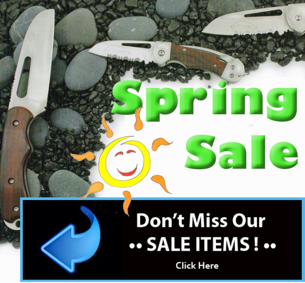 A sign that says spring sale and has some knives on it.