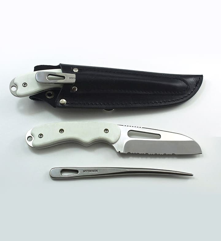 Folding knife and stainless steel tool displayed.