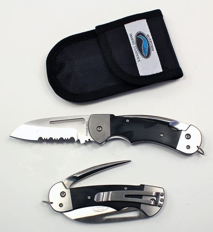 Folding knife with black handle and sheath.