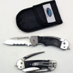 Folding knife with black handle and serrated blade.
