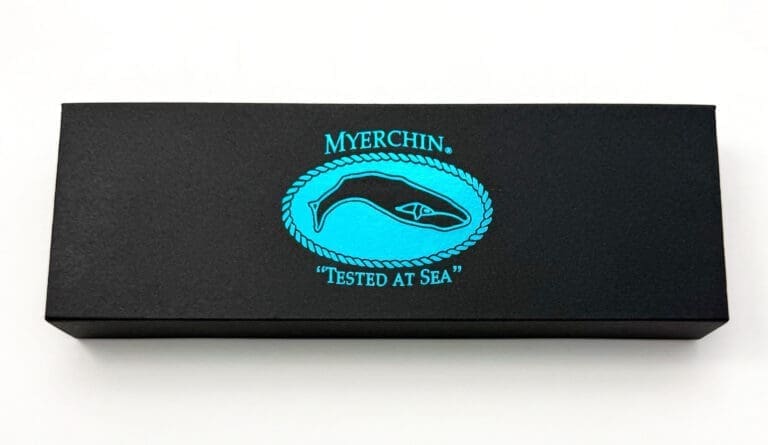 Myerchin box featuring whale logo design.