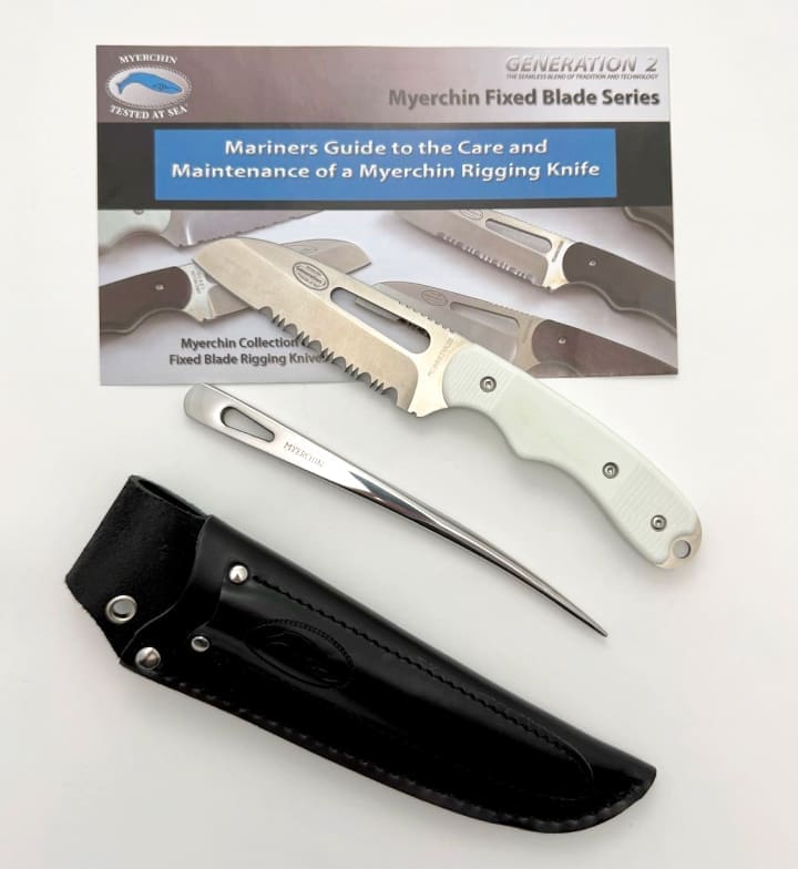 Myerchin knife with care guide and sheath.