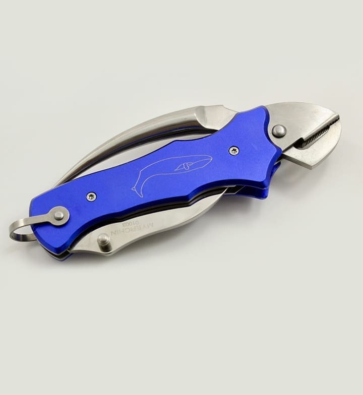 Blue folding knife with whale design handle.