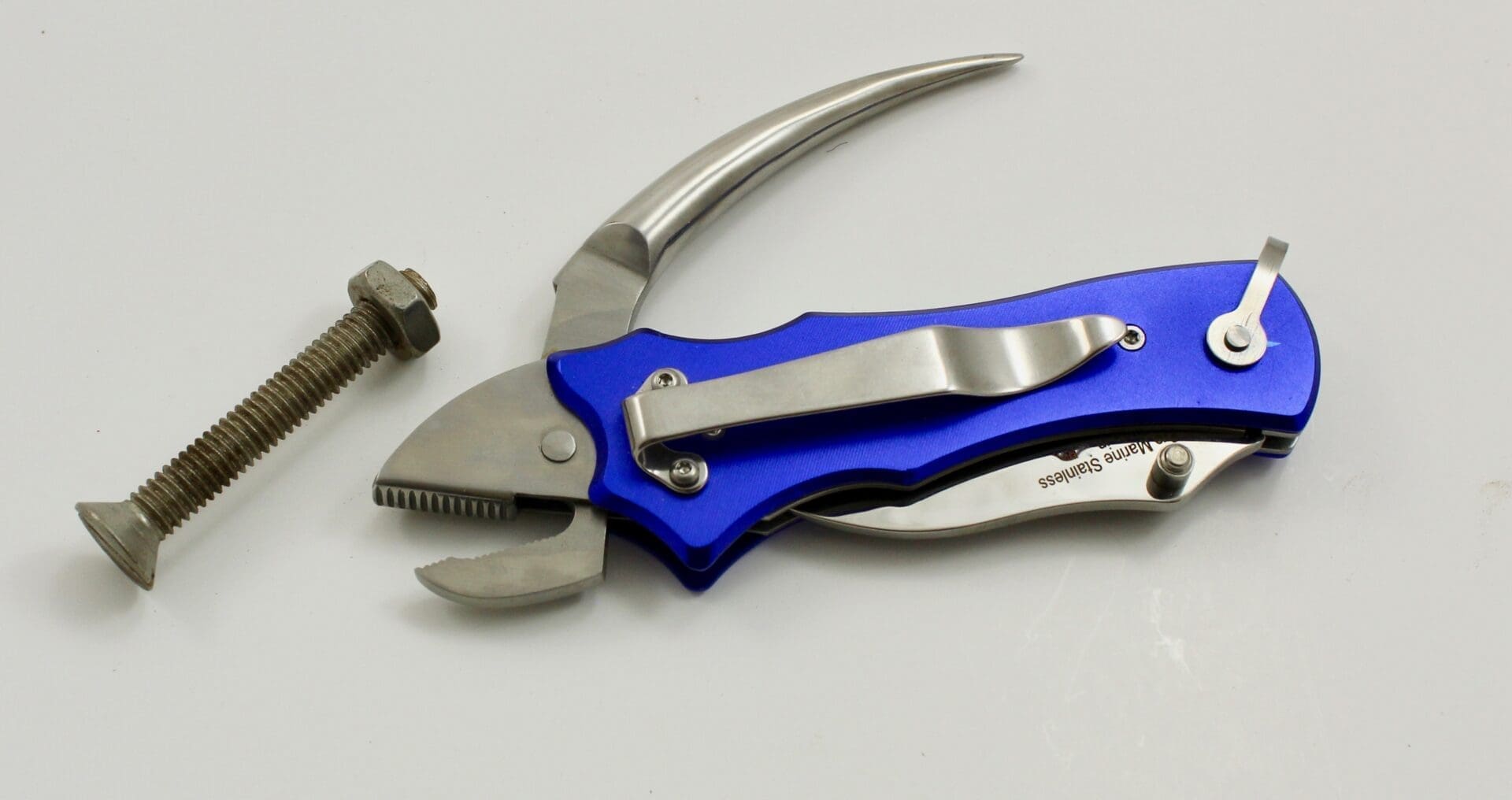 Blue multi-tool with pliers and screw
