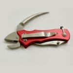 Red folding pliers with stainless steel handle.