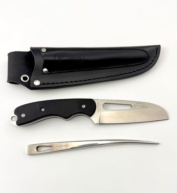 Folding knife with black handle and leather sheath.