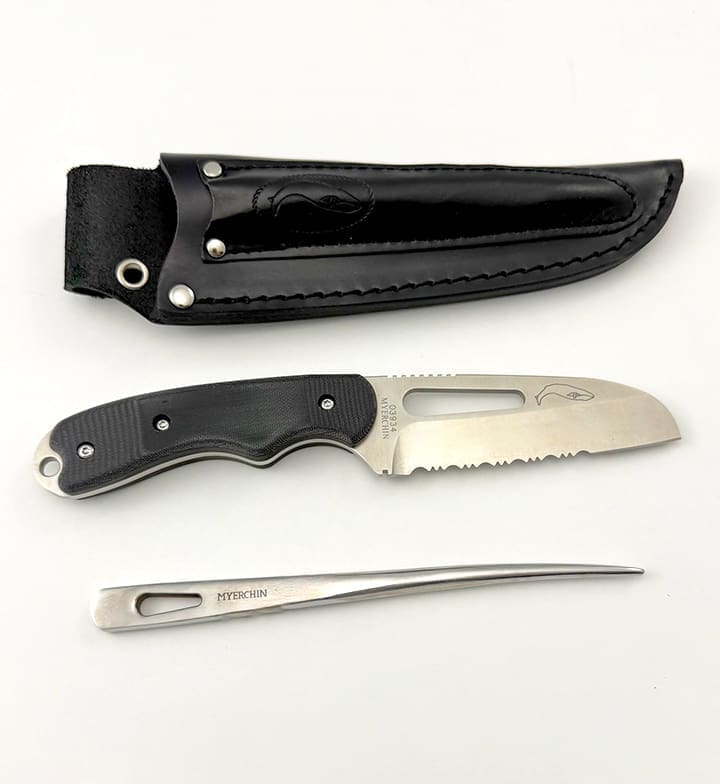 Folding knife with sheath and fishing tool.