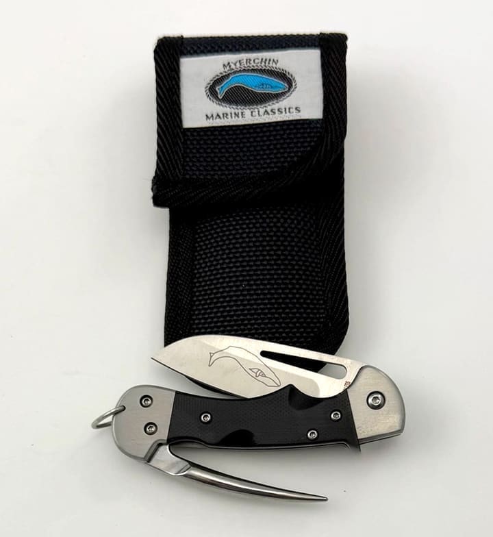 Folding knife with black handle and pouch.