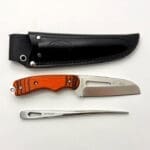 Myerchin knife with orange handle and sheath.