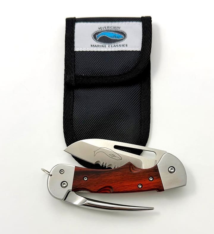 Folding knife with wooden handle and pouch.