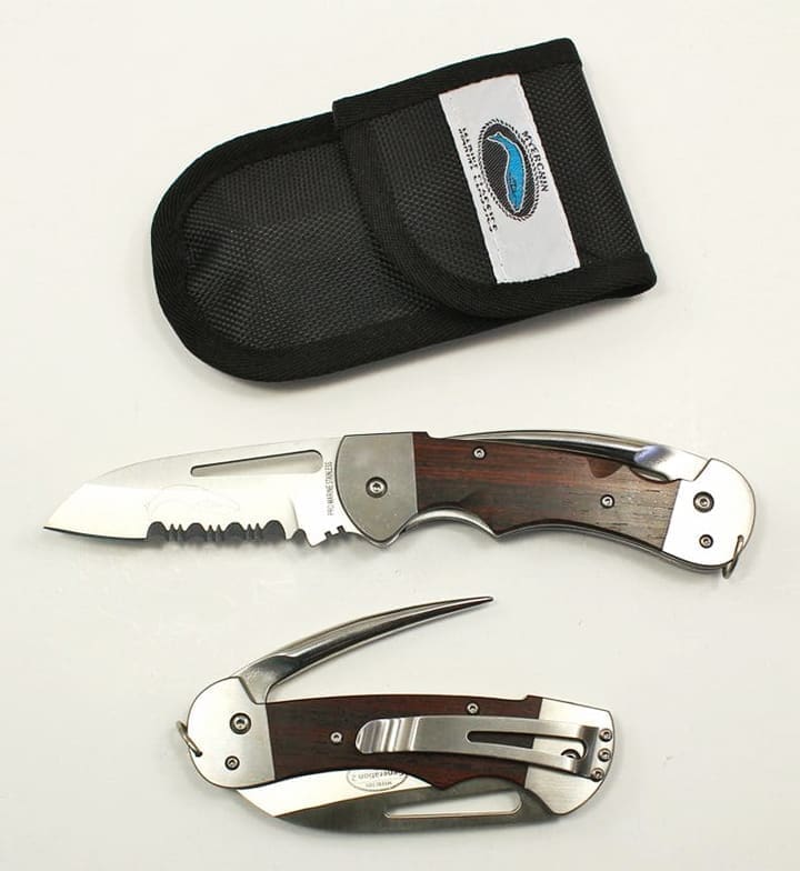 Folding knife set with wooden handle and sheath.