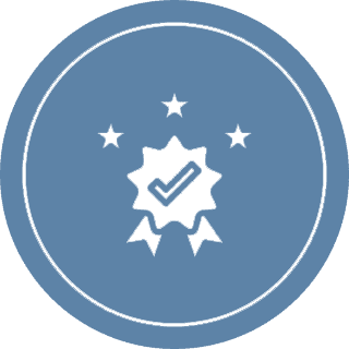Blue badge with checkmark and stars design.