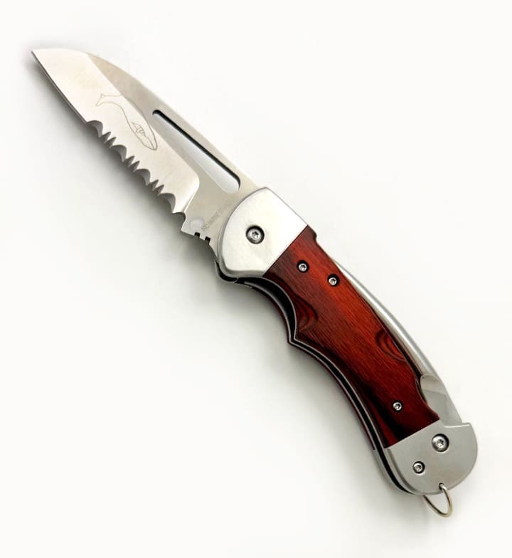 Folding knife with wooden handle and serrated edge.