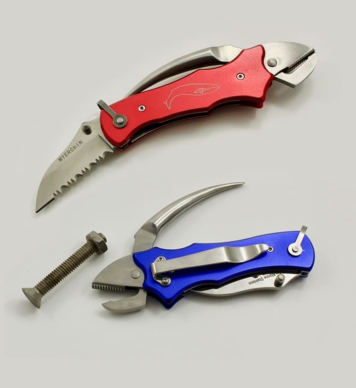 Two colorful folding knives with a bolt.
