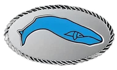 Blue whale emblem on silver belt buckle.