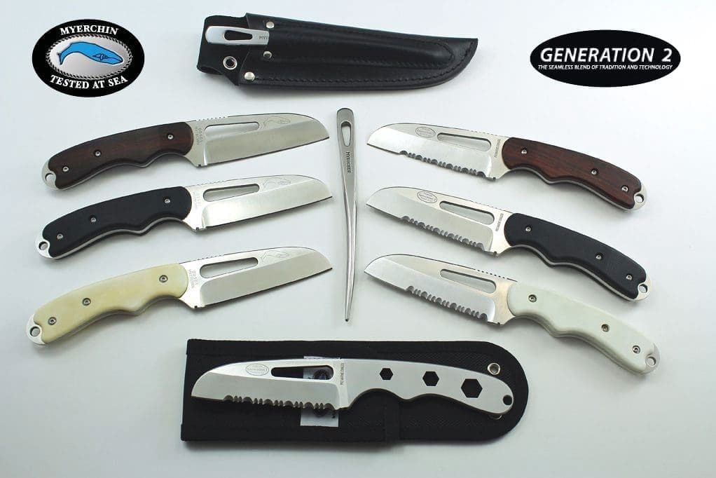 Collection of Myerchin knives with sheaths.