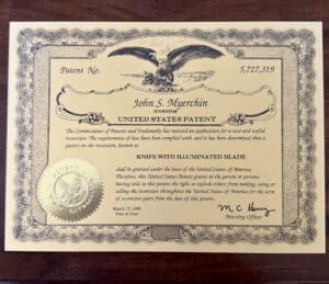 Patent certificate for illuminated blade invention.