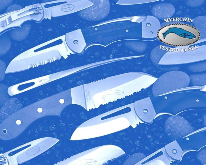 Assorted Myerchin knives on textured background.